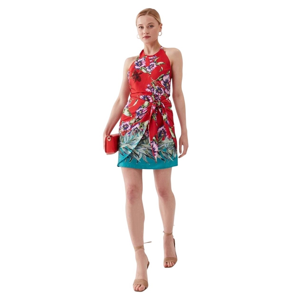 Guess Womens Halter Summer Figueroa Floral Mini Dress Red Teal Medium - Picture 2 of 5